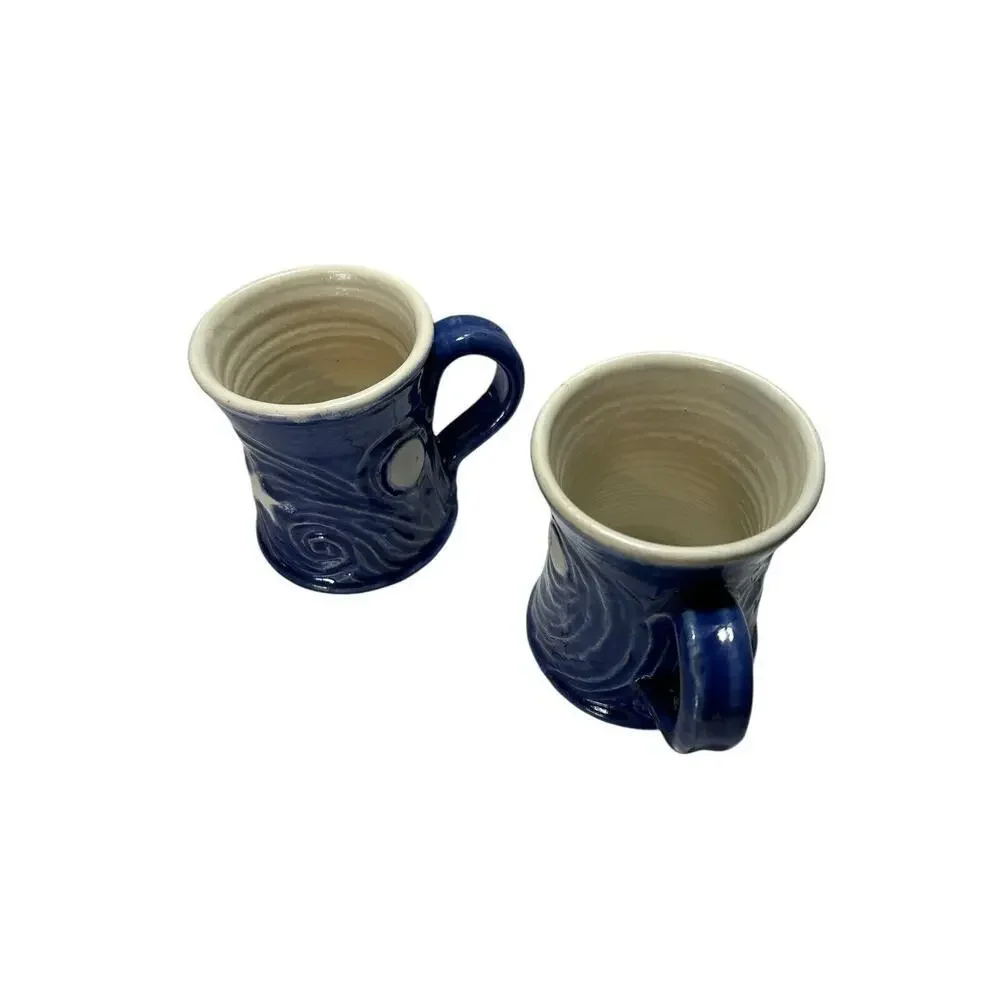 Handmade Art Ceramic Pottery Pair Of Sun And Moon Mugs Blue And White 2 Cups